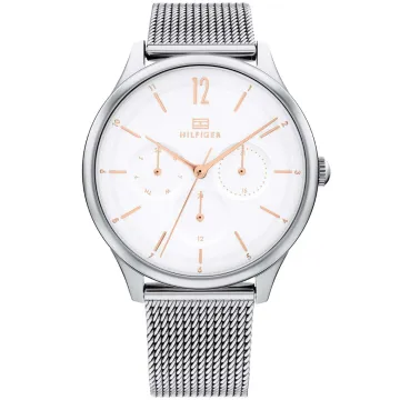Tommy Hilfiger Layla 1782456 ur til Dame med Hvid urskive p&aring; 38 mm i diameter og Meshl&aelig;nke urrem i Steel